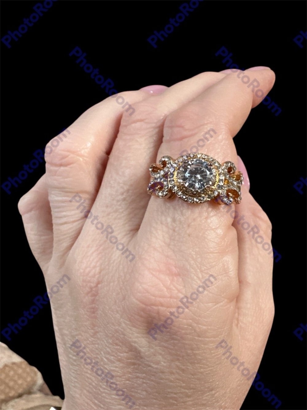 Elegant Gold-Tone Floral Halo Ring with Clear Center Stone